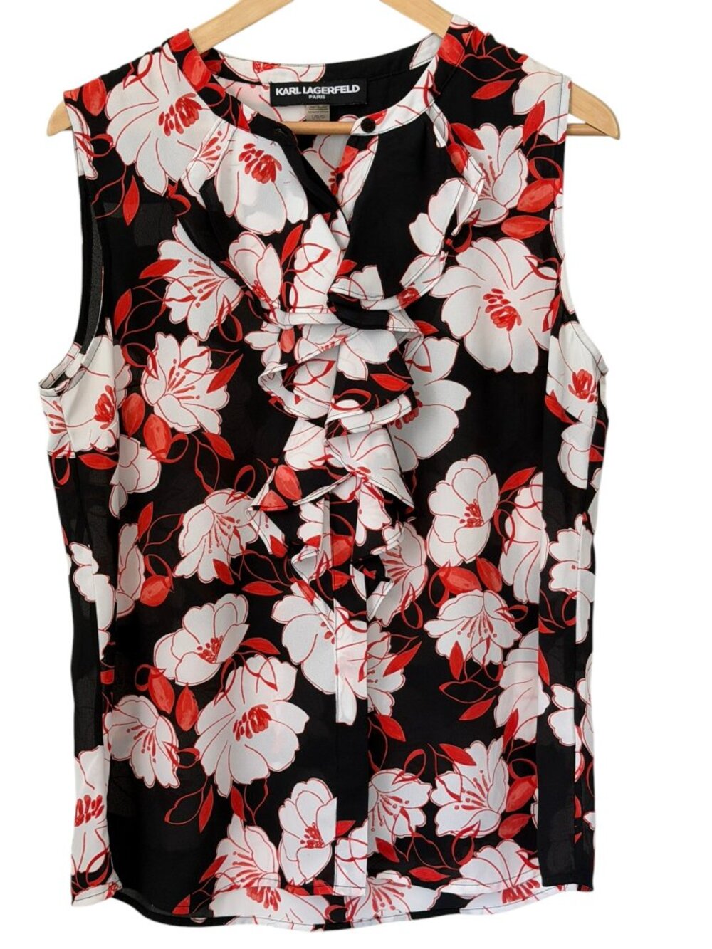 Karl Lagerfeld Paris Floral Sleeveless Georgette Ruffle Blouse Red Black White L